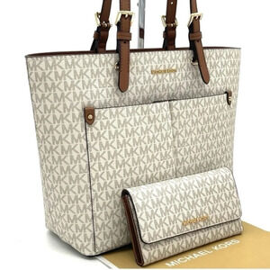 Michael Kors Medium Double Packet Tote Bag & Trifold Wallet Vanilla/Brown